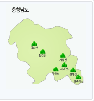 충청남도에는 민주지산, 천태산, 서대산, 계룡산, 대둔산, 칠갑산, 덕숭산이 있으며 이들 중 원하시는 지역을 선택해주세요.