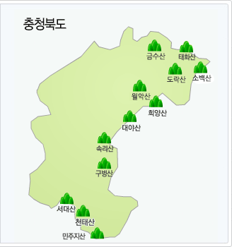 충청북도에는 금수산, 월악산, 도락산, 소백산이 있으며 이들 중 원하시는 지역을 선택해주세요.