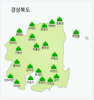 경상북도에는 청량산, 희양산, 성인봉, 대야산, 속리산, 구병산, 주흘산, 황장산, 주왕산, 금오산, 팔공산, 내연산, 남산, 가지산, 운문산, 비슬산이 있으며 이들 중 원하시는 지역을 선택해주세요.