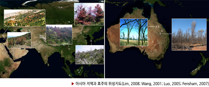 ▶ 아시아 지역과 호주의 위성지도(Lim, 2008; Wang, 2001; Luo, 2005; Fensham, 2007)