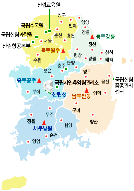 상단표의 지역별관리소의 위치를 표시한 지도