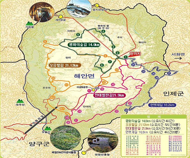 DMZ펀치볼둘레길 노선도(노선은 위설명과 같습니다)