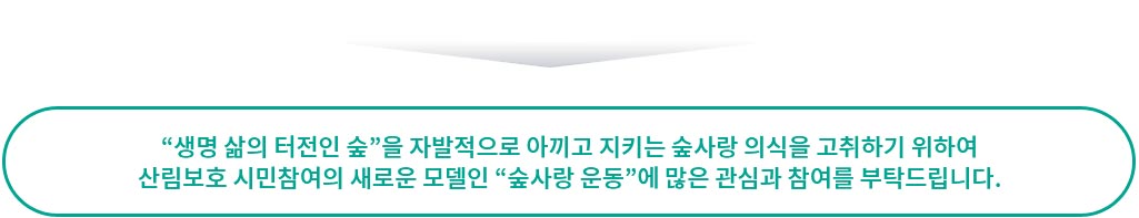 “생명 삶의 터전인 숲”을 자발적으로 아끼고 지키는 숲사랑 의식을 고취하기 위하여 산림보호 시민참여의 새로운 모델인 “숲사랑 운동”에 많은 관심과 참여를 부탁드립니다.