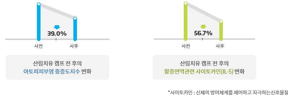 산림치유 캠프 전 후의 아토피피부염 증중도지수 변화가 사전 사후39.0%내려감,산림치유 캠프 전 후의 할증면역관련 사이토카인변화가 사전 사후56.7%내려감-사이토카인:신체의 방어체계를 제어하고 자극하는 신호물질