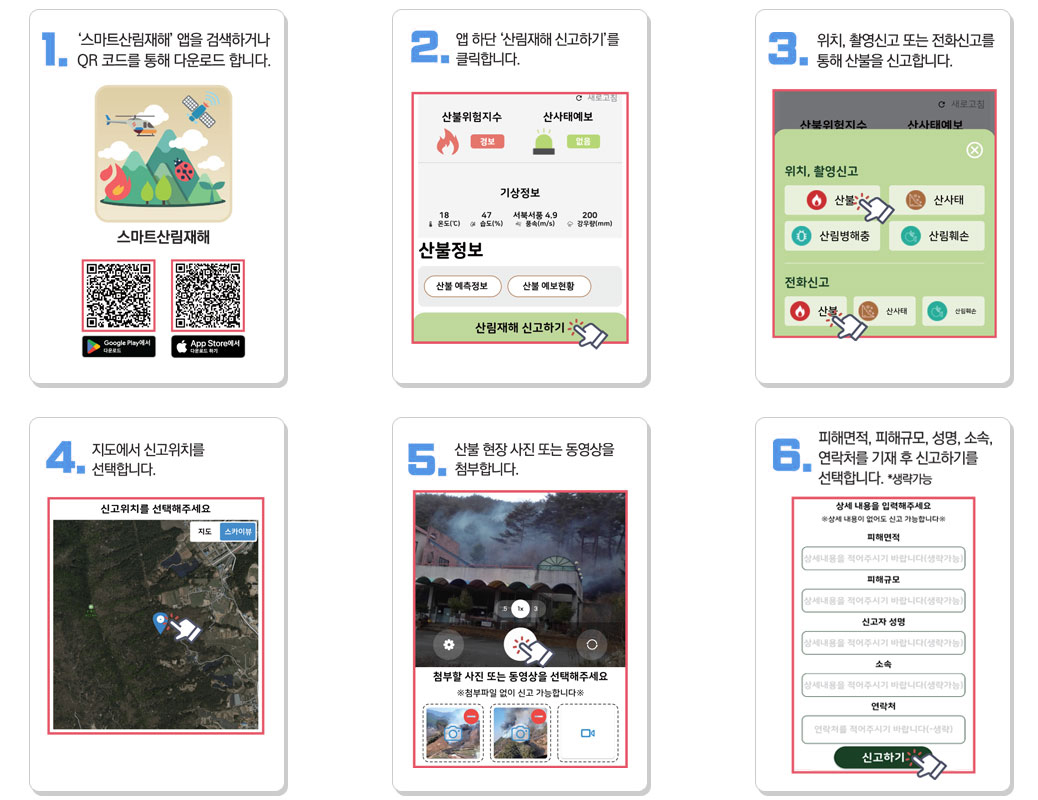 1.스마트산림재해 앱을 검색하거나 QR코드를 통해 다운로드 합니다. 2.앱 하단 산림재해 신고하기를 클릭합니다. 3.위치, 촬영신고 또는 전화신고를 통해 산불을 신고합니다. 4.지도에서 신고위치를 선택합니다.5.산불현장 사진 또는 동영상을 첨부합니다. 6.피해면적,피해규모, 성명, 소속, 연락처를 기재 후 신고하기를 선택합니다. 생략가능