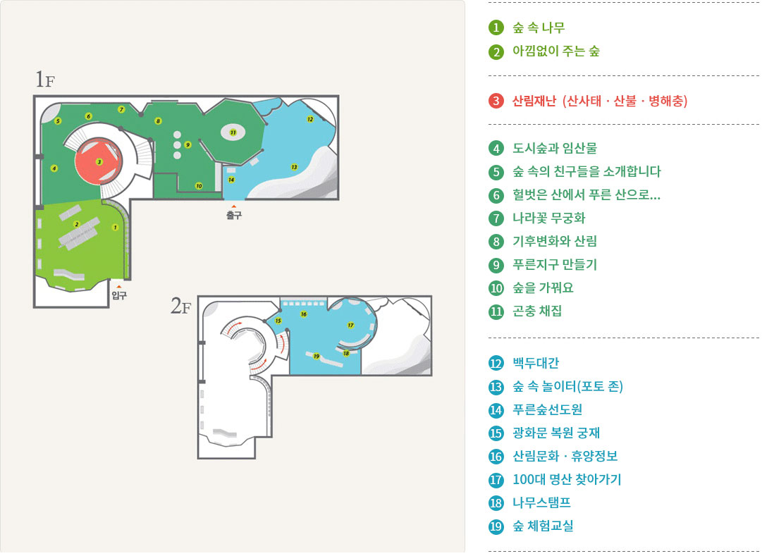 숲사랑체험관 평면도(자세한 이미지의 내용은 아래 참조)