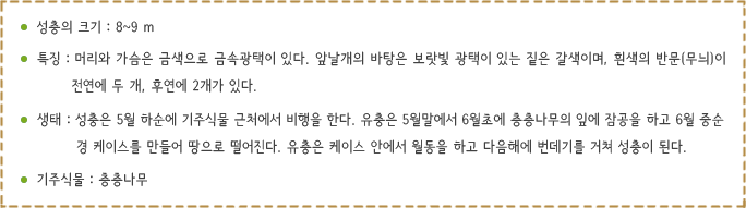 성충의 크기 : 8~9 m, 특징 : 머리와 가슴은 금색으로 금속광택이 있다. 앞날개의 바탕은 보랏빛 광택이 있는 짙은 갈색이며, 흰색의 반문(무늬)이 
               전연에 두 개, 후연에 2개가 있다. ,생태 : 성충은 5월 하순에 기주식물 근처에서 비행을 한다. 유충은 5월말에서 6월초에 층층나무의 잎에 잠공을 하고 6월 중순경 케이스를 만들어 땅으로 떨어진다.
                유충은 케이스 안에서 월동을 하고 다음해에 번데기를 거쳐 성충이 된다.기주식물 : 층층나무