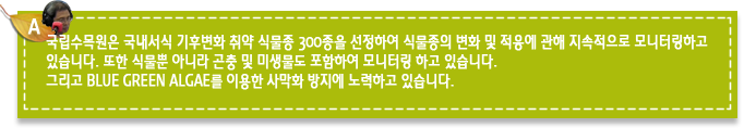 A5.국립수목원은 국내서식 기후변화 취약 식물종 300종을 선정하여 식물종의 변화 및 적응에 관해 지속적으로 모니터링하고 있습니다. 또한 식물뿐 아니라 곤충 및 미생물도 포함하여 모니터링 하고 있습니다. 그리고 BLUE GREEN ALGAE를 이용한 사막화 방지에 노력하고 있습니다.