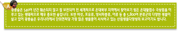 A8.광릉숲은 540여 년간 훼손되지 않고 잘 보전되어 전 세계적으로 온대북부 지역에서 찾아보기 힘든 온대활엽수 극상림을 이루고 있는 생태적으로 매우 중요한 숲입니다. 또한 버섯, 포유류, 양서파충류, 어류 등 총 5,800여 분류군의 다양한 생물이 살고 있어 광릉숲은 우리나라에서 단위면적당 가장 많은 생물종이 서식하고 있는 산림생물다양성의 보고이기도 합니다.