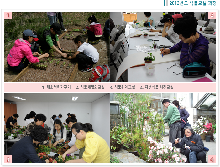 2012년도 식물교실 과정 1.채소정원가꾸기, 2.식물세밀화교실,3.식물원예교실, 4. 자생식물 사진교실 이미지