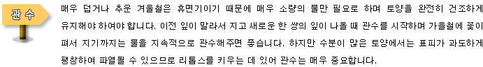 [관수]매우 덥거나 추운 겨울철은 휴면기이기 때문에 매우 소량의 물만 필요로 하며 토양을 완전히 건조하게 유지해야 하여야 합니다. 이전 잎이 말라서 지고 새로운 한 쌍의 잎이 나올 때 관수를 시작하며 가을철에 꽃이 펴서 지기까지는 물을 지속적으로 관수해주면 좋습니다. 하지만 수분이 많은 토양에서는 표피가 과도하게 팽창하여 파열될 수 있으므로 리톱스를 키우는 데 있어 관수는 매우 중요합니다.
